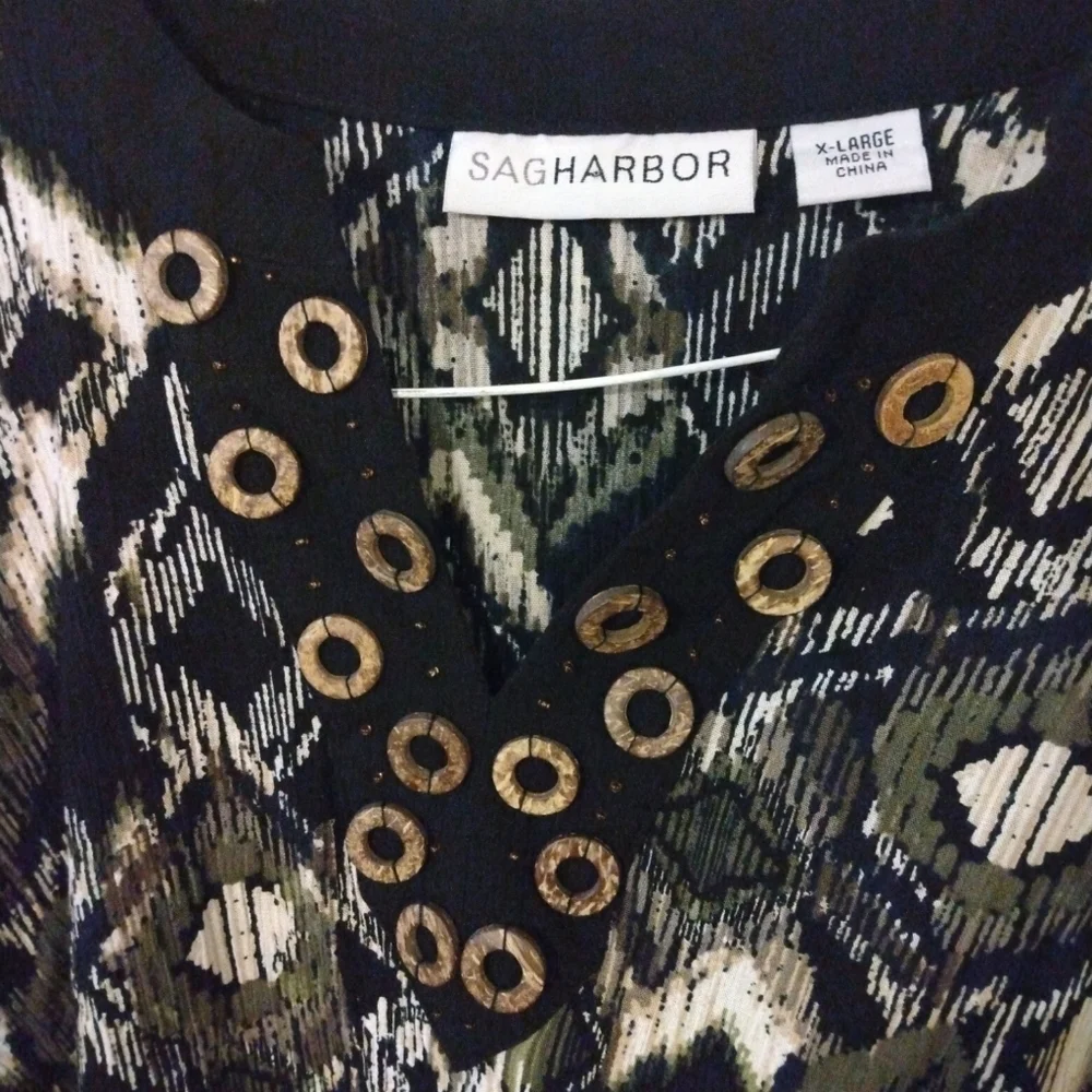 Unique Longline Tunic- Faux Wooden Accents Vintage Sag Harbor Tribal Beachy XL - Picture 2 of 7
